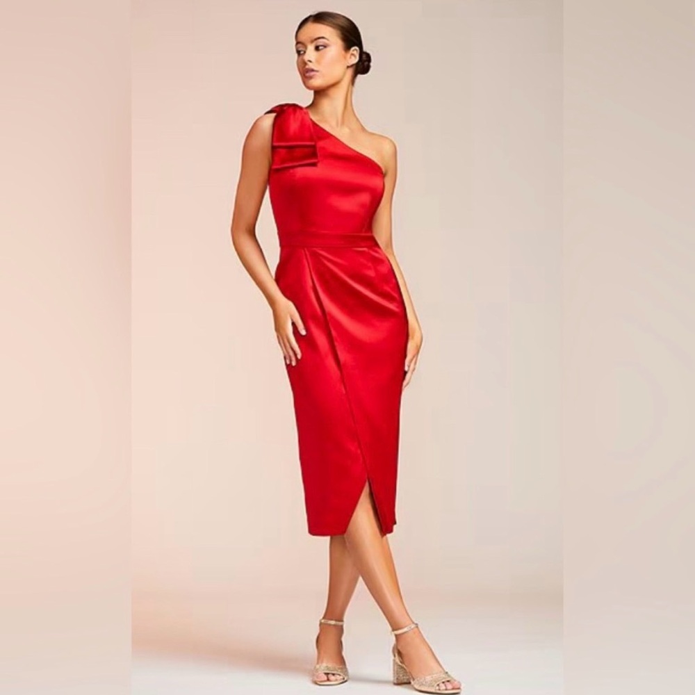 NWT Alex‎ Marie Red Satin One-Shoulder Bow Sleeveless Faux Wrap Split Hem Dress